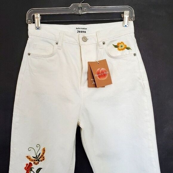 Reformation Cynthia High Rise Straight Jeans White Flora Embroidery NWT - Picture 5 of 14
